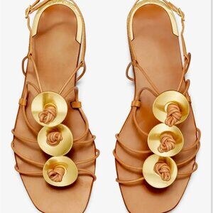 TORY BURCH ARTISANAL KNOT LEATHER SANDAL ELBA CAMELLO GOLDTONE DISKS SIZE 9